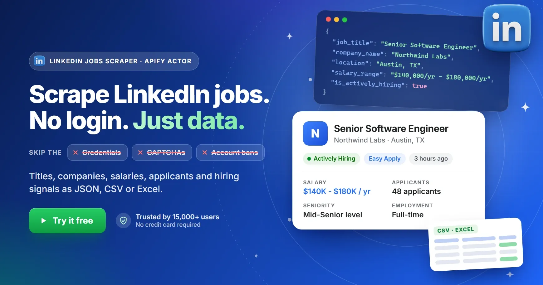 Rapid LinkedIn Jobs Scraper: scrape LinkedIn job listings without login and export to JSON, CSV or Excel