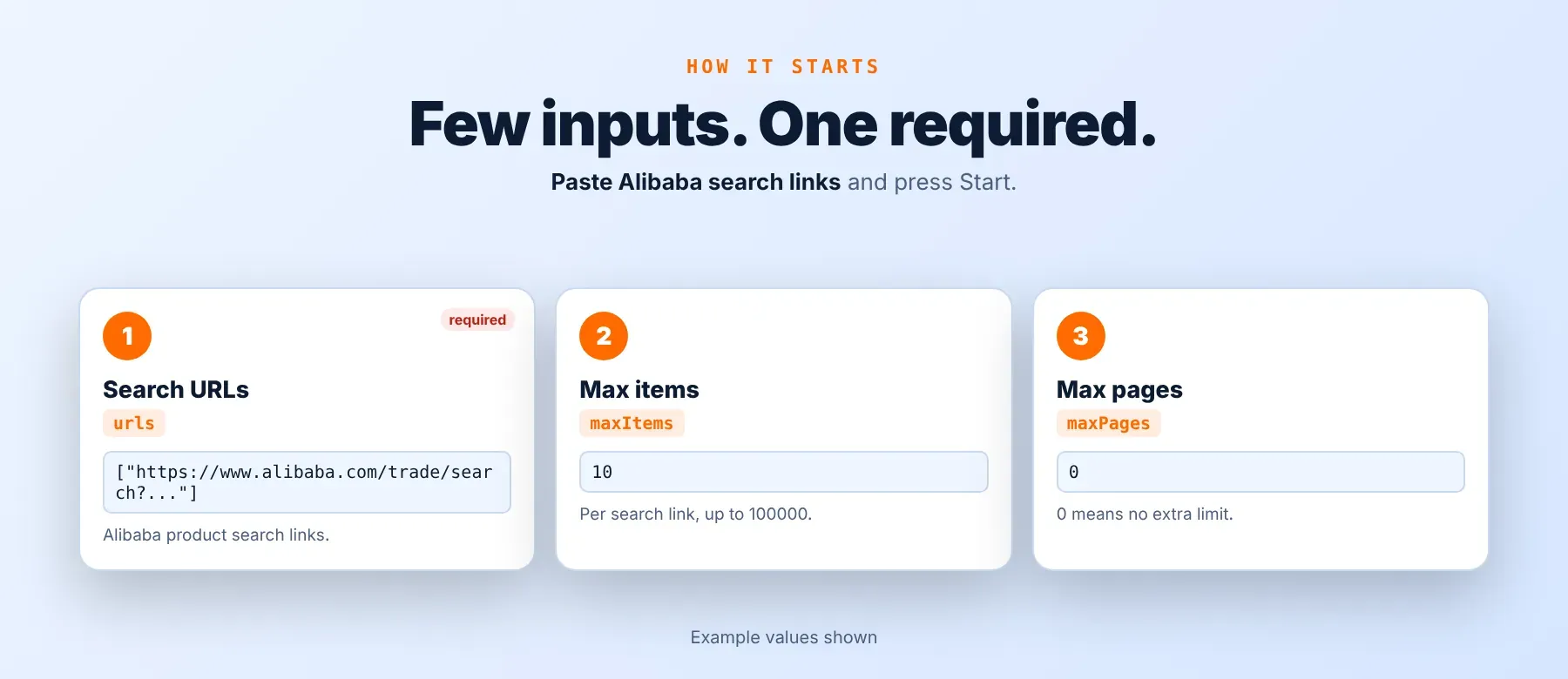 Alibaba Scraper input form with search URLs, max items and max pages