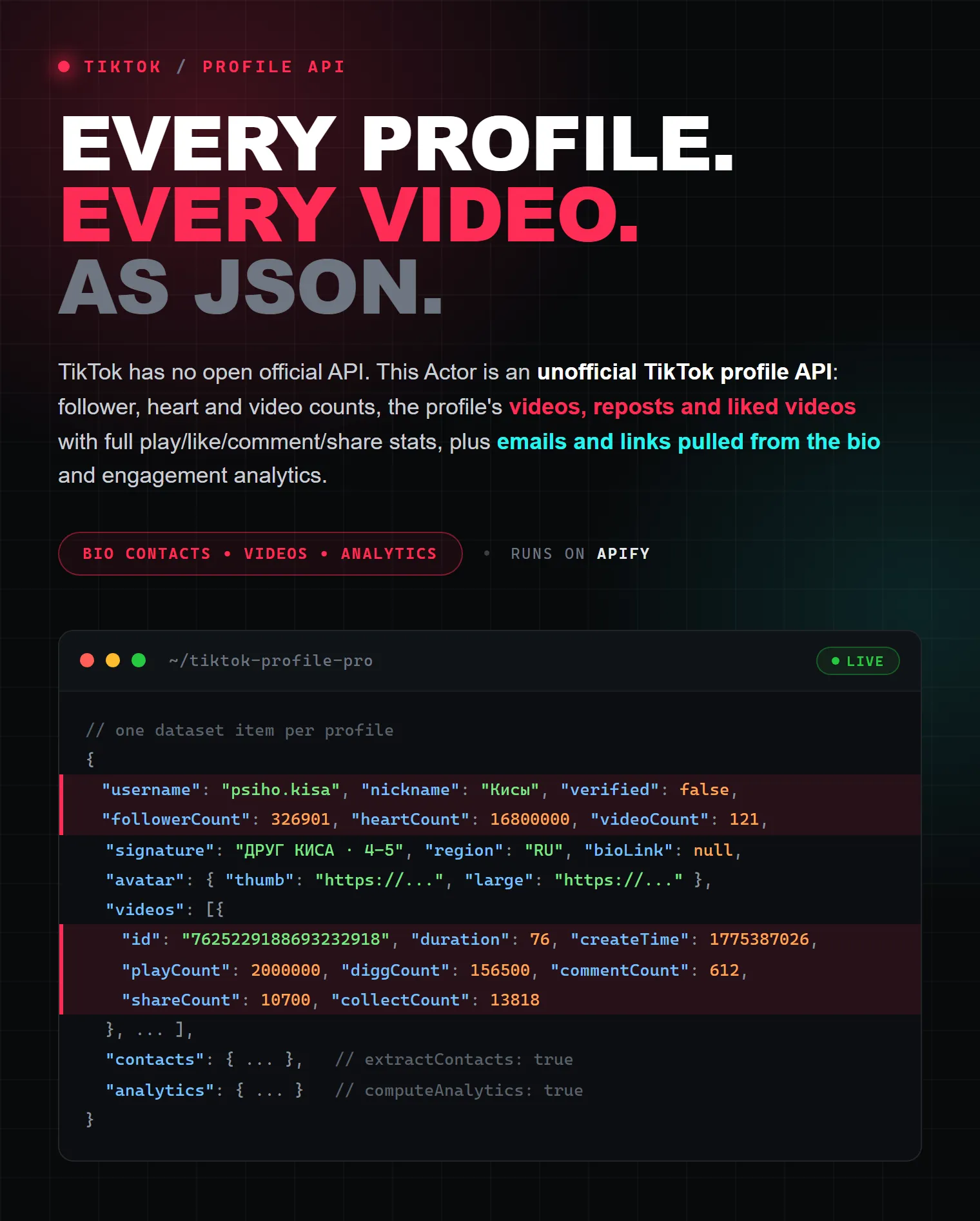 TikTok Profile on Apify — every profile every video as structured JSON