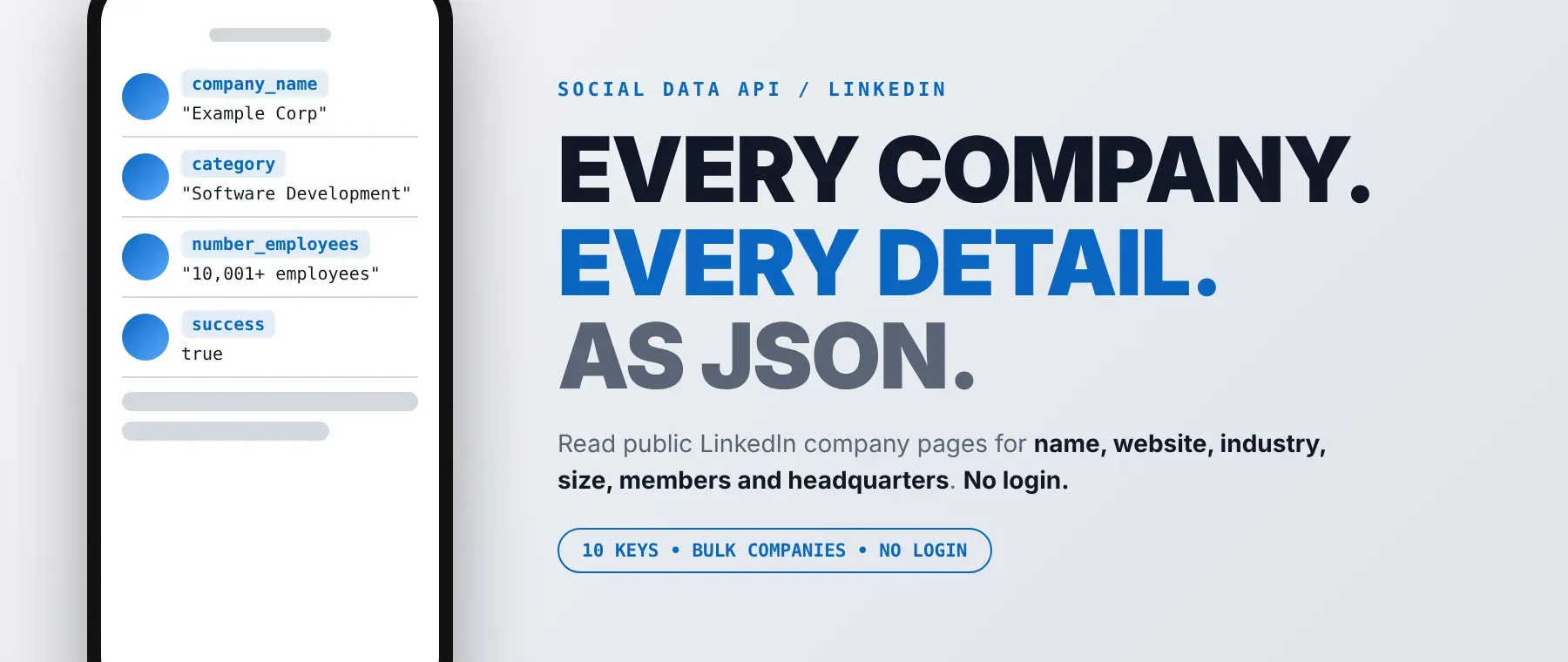 LinkedIn Company About Scraper output as JSON: name, website, industry, size, members and headquarters