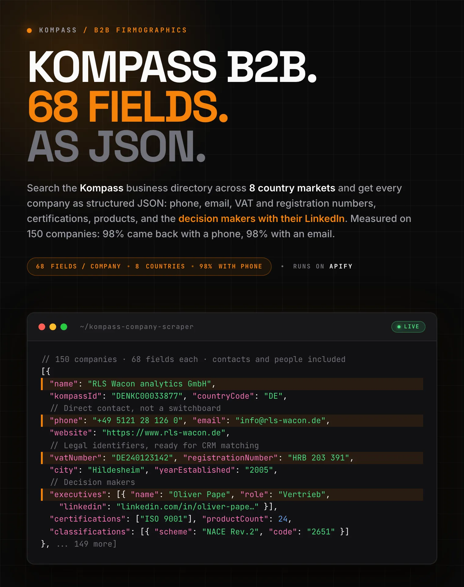 Kompass B2B company scraper: company name, phone, email, VAT and registration numbers, executives with LinkedIn, certifications and NACE codes as structured JSON