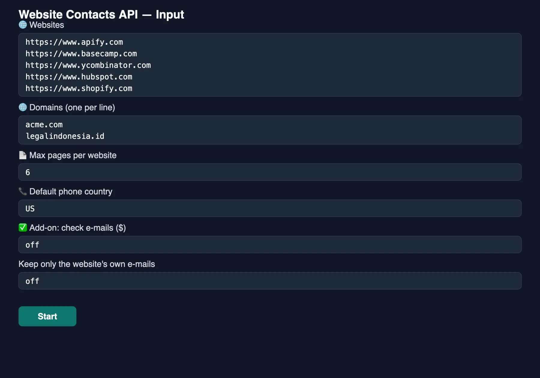 Website Contacts API input form: list of websites, domains, max pages per website, default phone country, e-mail check add-on