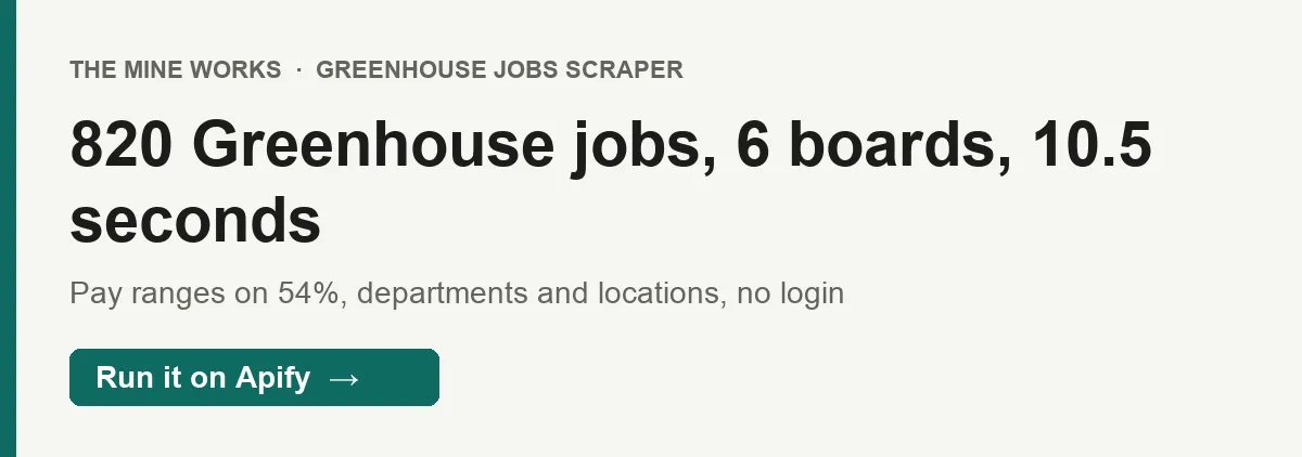 820 Greenhouse jobs from 6 company boards in 10.5 seconds, pay range on 54% of them
