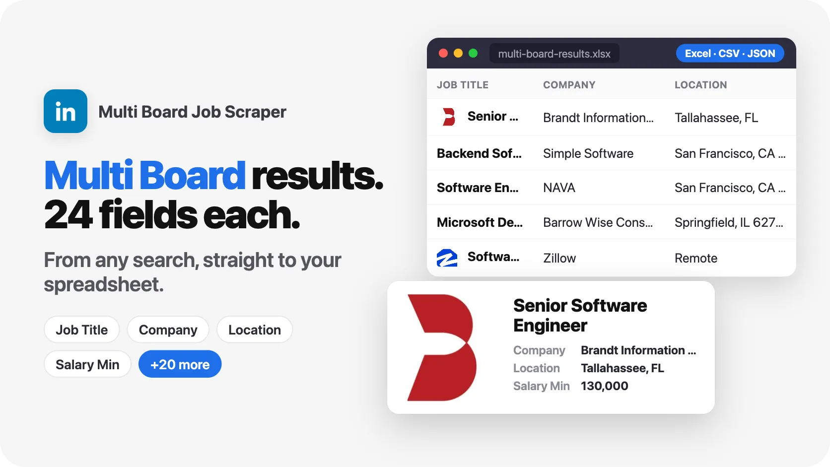 1 search. 100 Multi Board results. 9 fields per result.