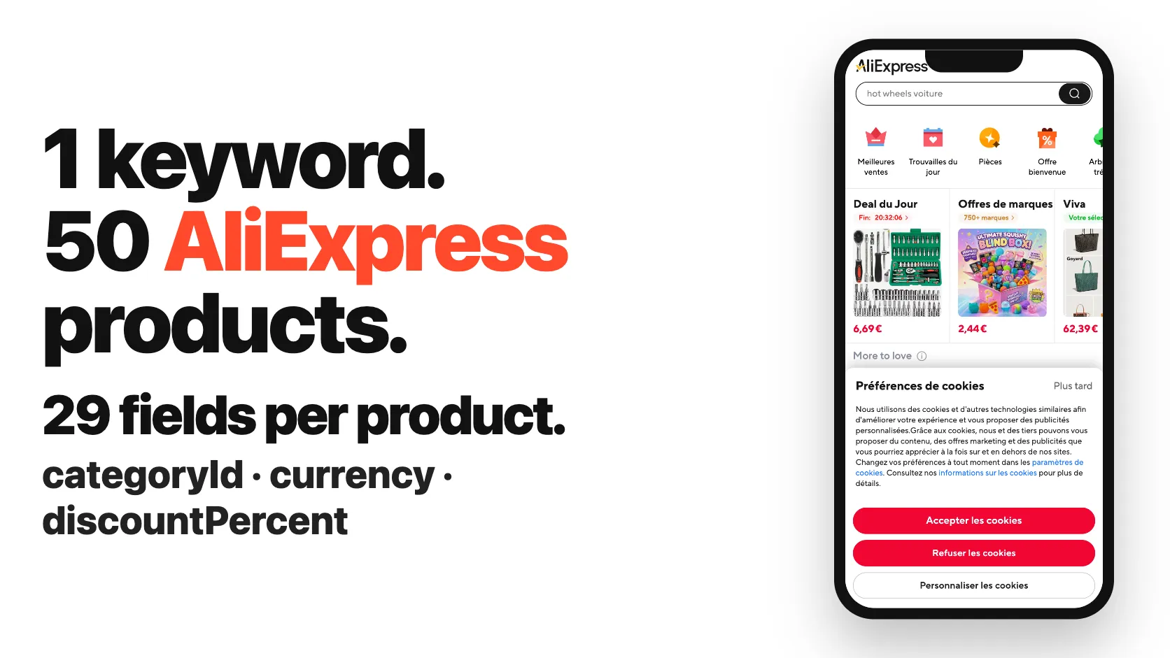 1 keyword. 50 AliExpress products. 29 fields per product.