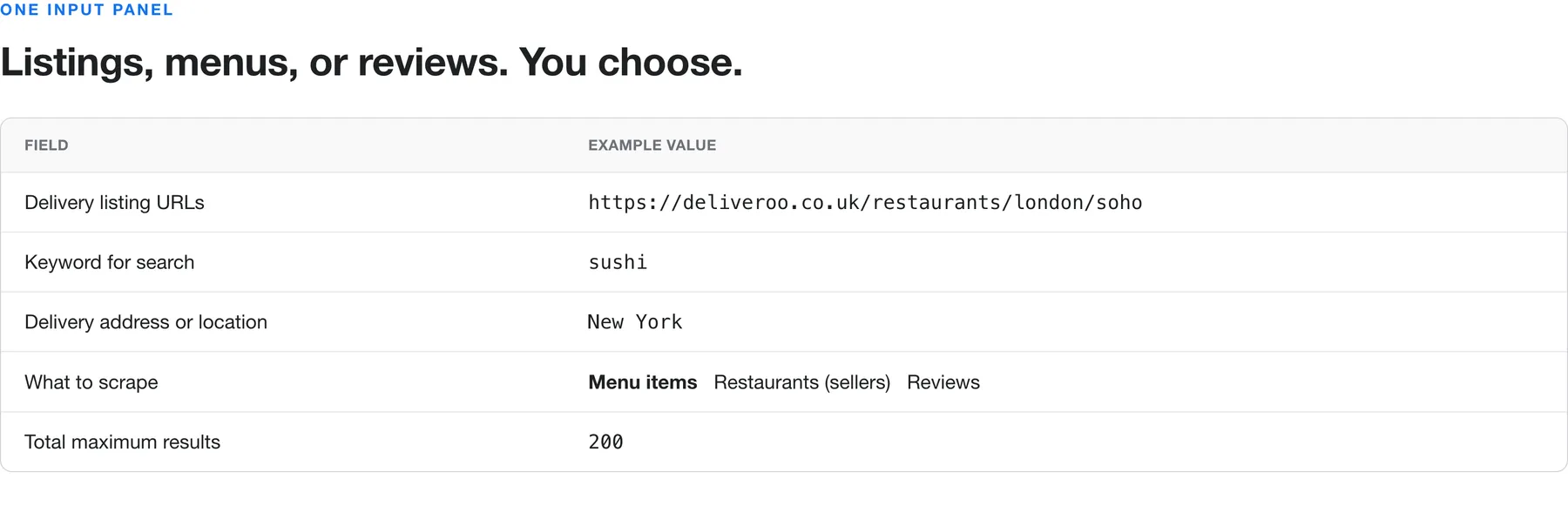 Food Delivery Scraper input panel