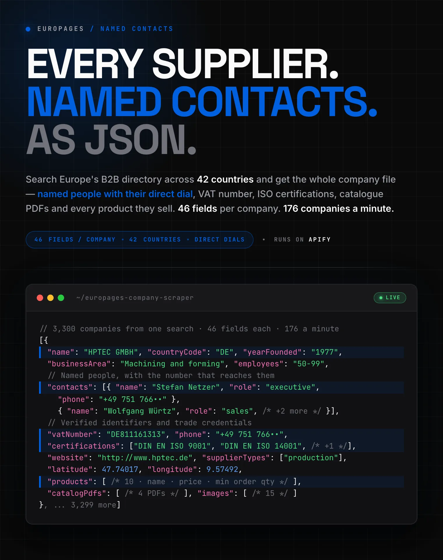 Europages B2B supplier scraper: named contacts with direct dial phone numbers, VAT number, ISO certifications, catalogue PDFs and product listings as structured JSON