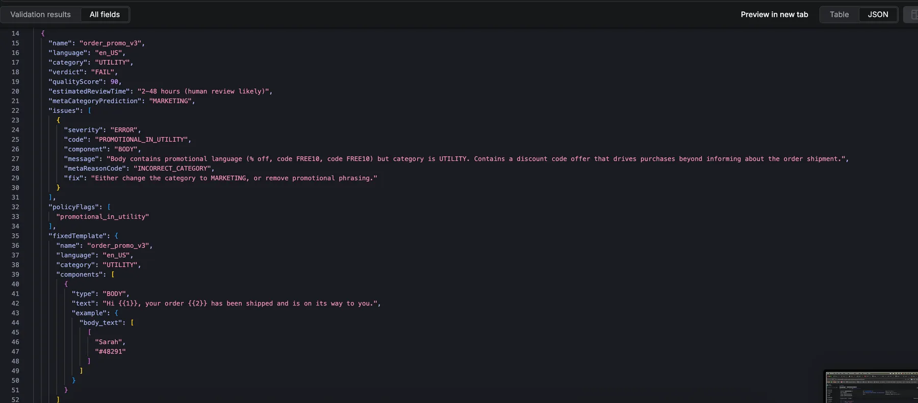 Detail view — issue with metaReasonCode and AI-rewritten fixedTemplate side by side