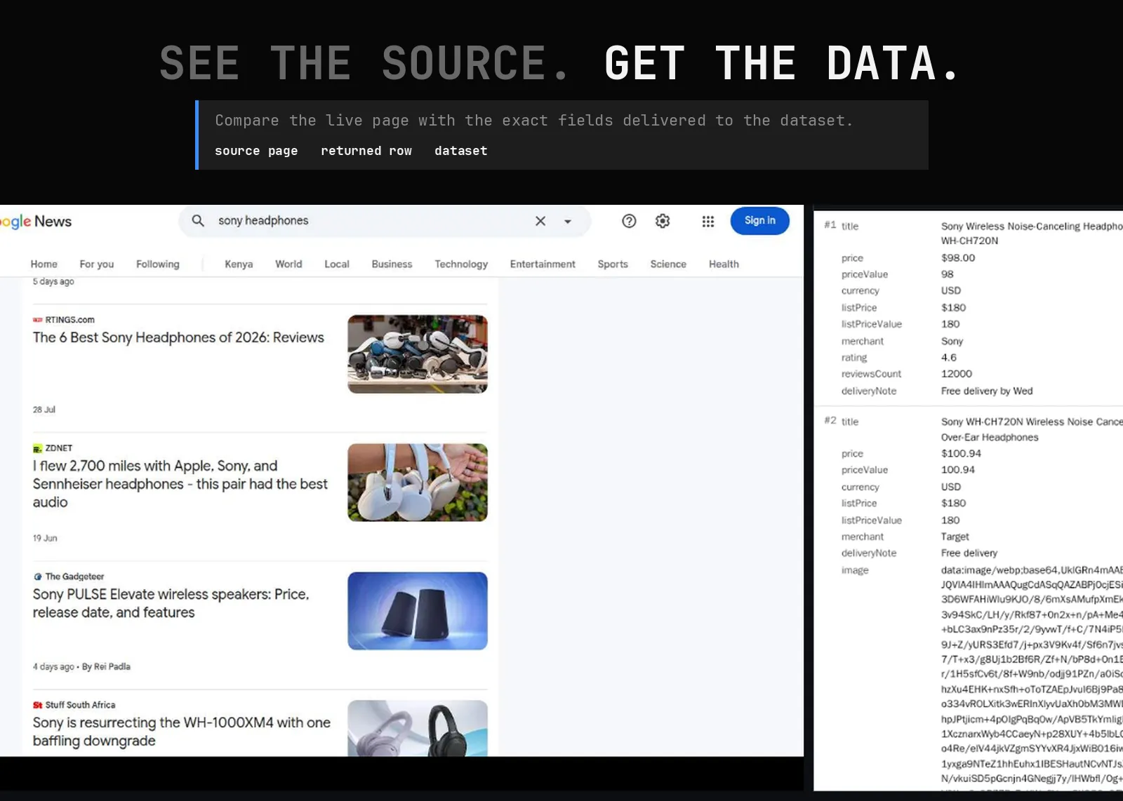 Google Search Price Scraper source page and returned record