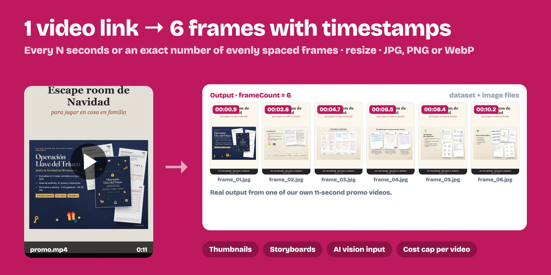 One video link turned into 6 evenly spaced frames, each with its timestamp (real output from our own promo video)