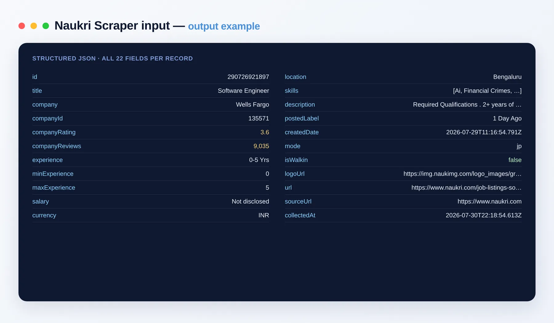 Naukri Scraper output example — job listings with company, salary and skills as structured JSON