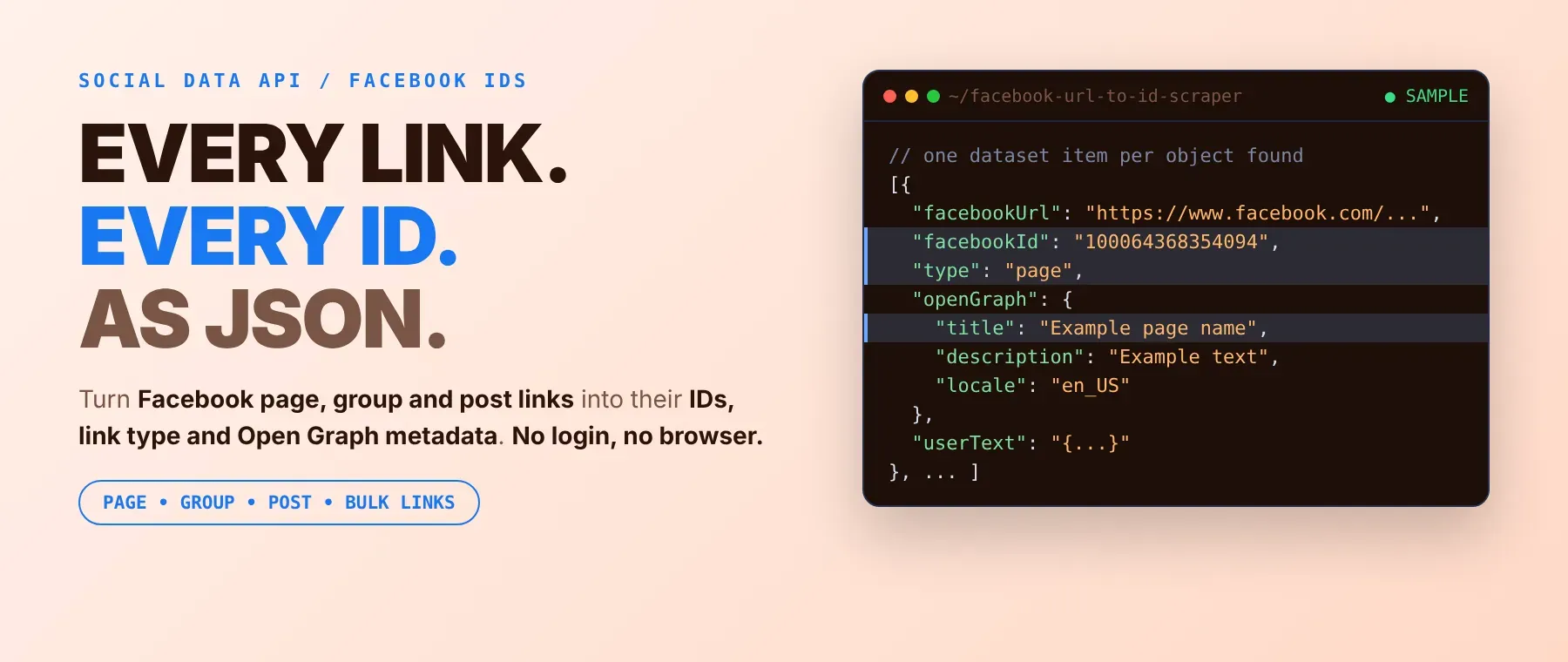 Facebook URL to ID Scraper output: Facebook ID, link type and Open Graph data as JSON