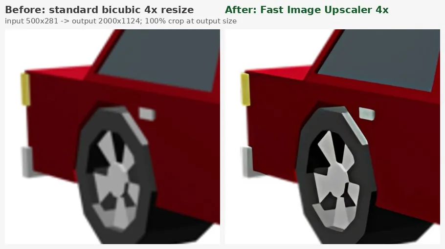 Red car 3D render: bicubic vs AI