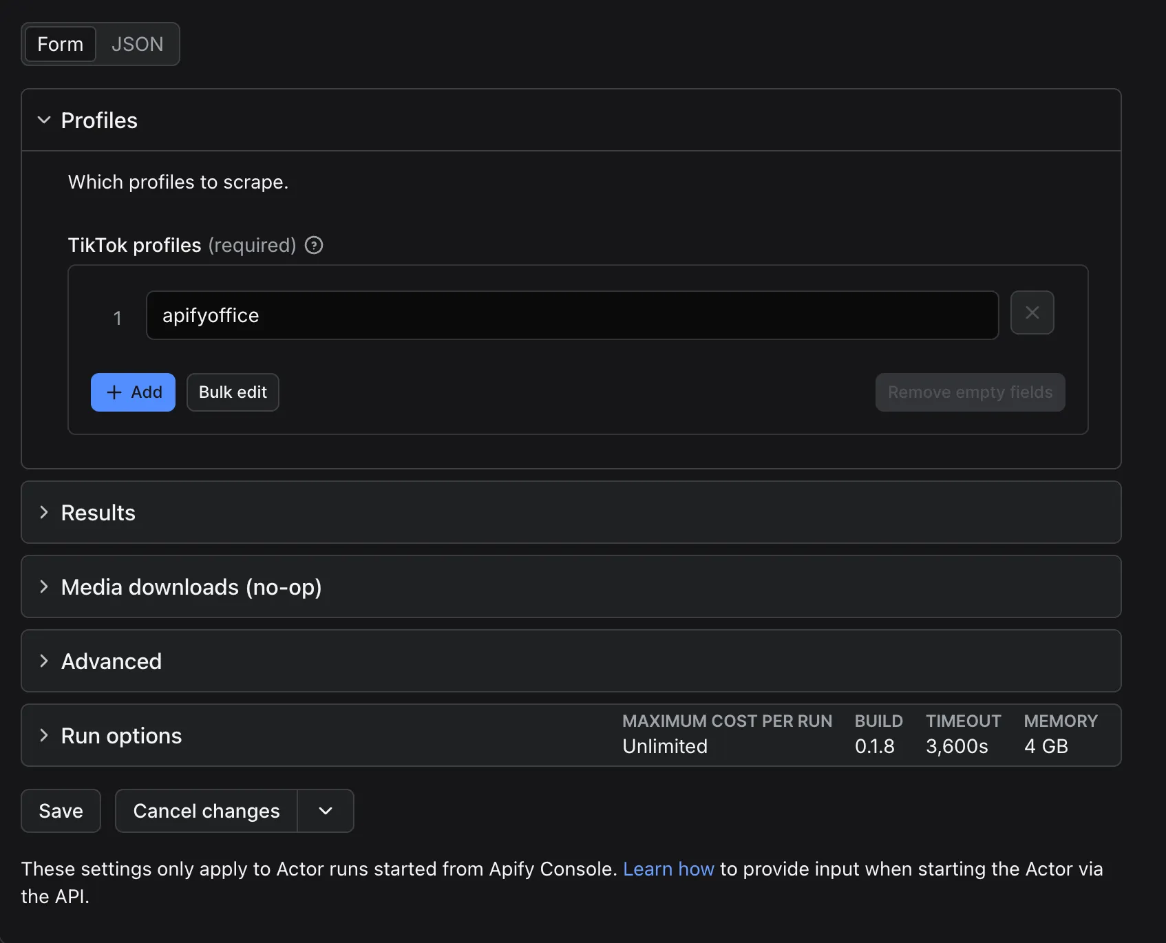 TikTok Profile Scraper input form