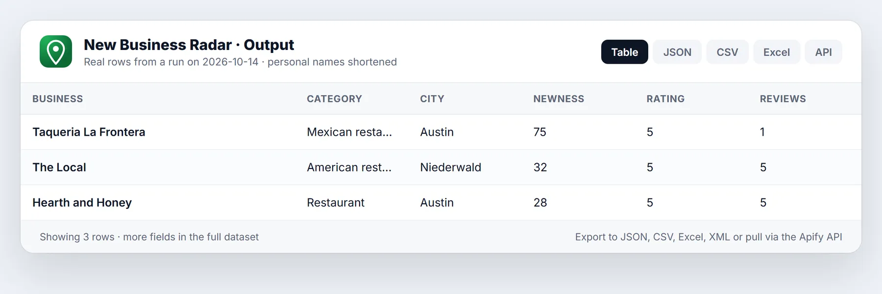 Google Maps New Business Radar sample output table from a real run