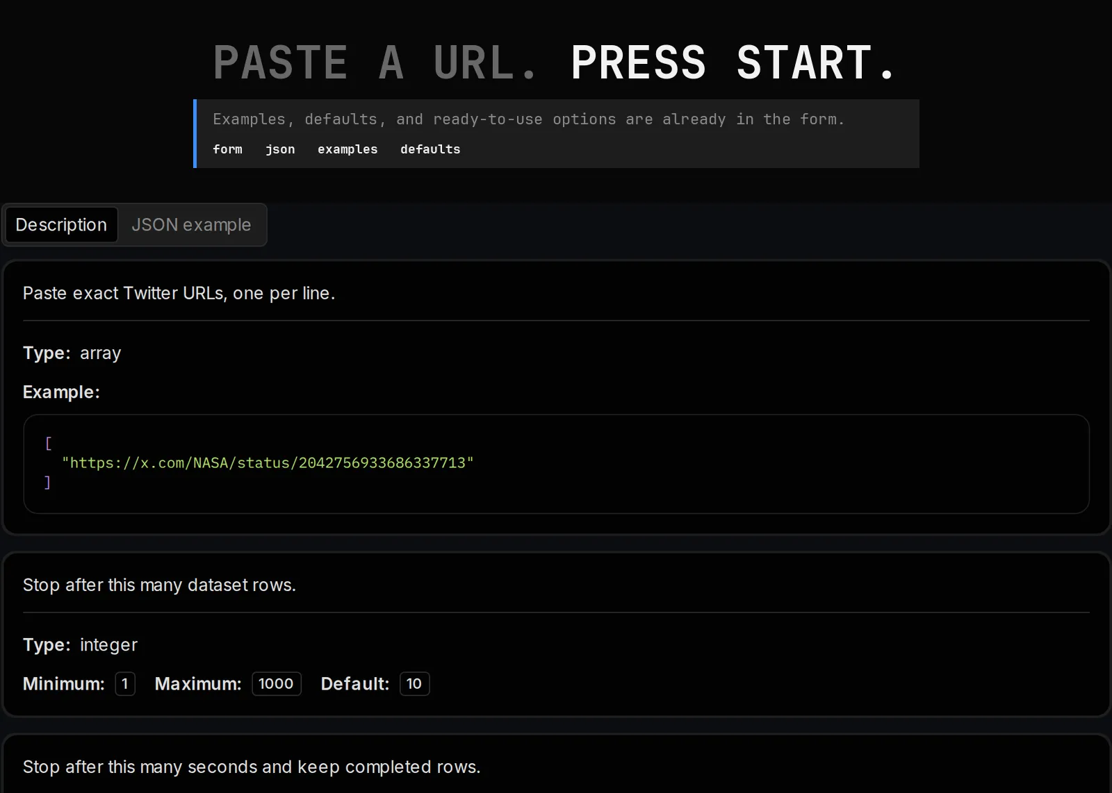 Twitter Post Scraper published input controls