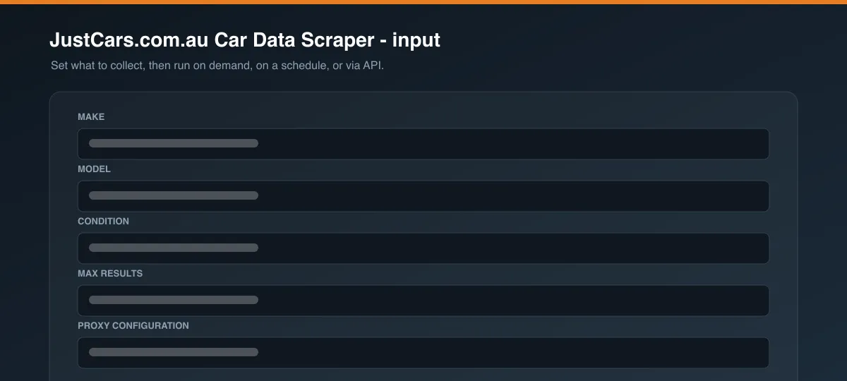 JustCars.com.au Car Data Scraper input options