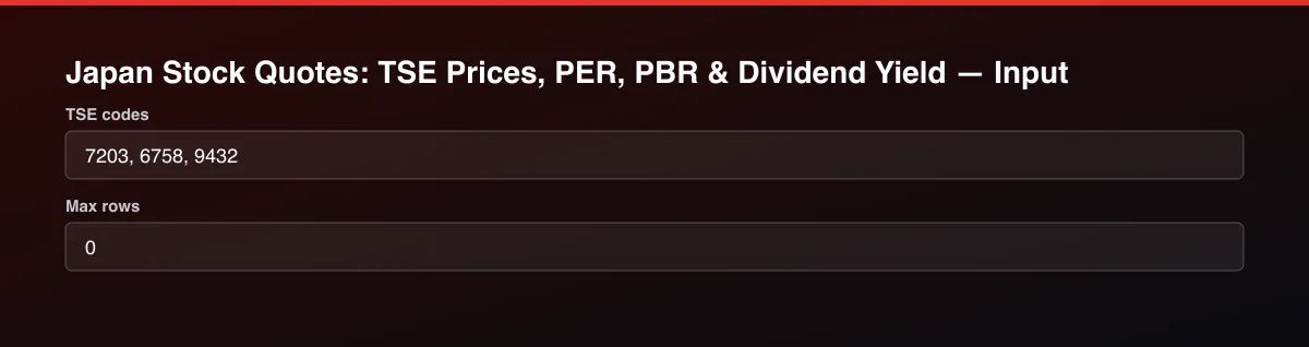 Japan Stock Quotes: TSE Prices, PER, PBR & Dividend Yield input form