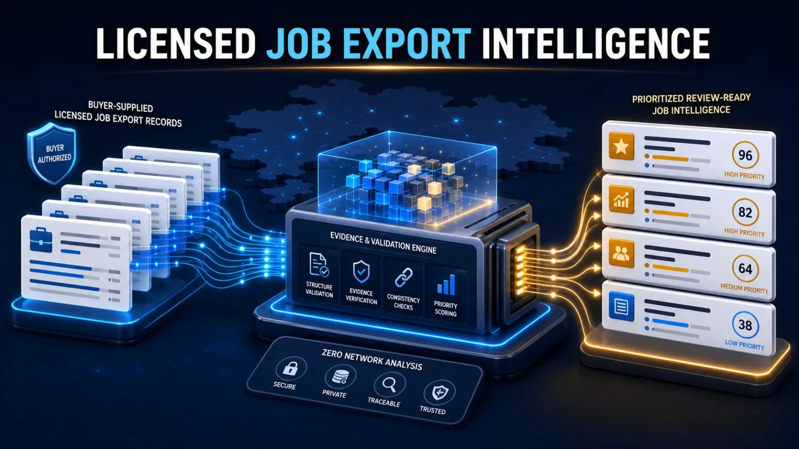 Licensed Job Export Intelligence: authorized records to evidence-backed review