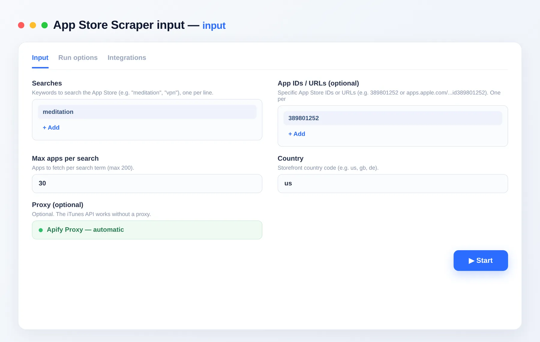 Apple App Store Scraper input — search terms, app IDs and storefront country in the Apify Console