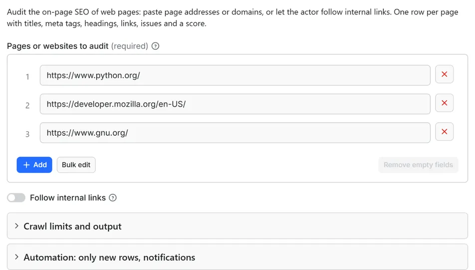 Input form of SEO Audit Tool: Titles, Meta Tags, Headings and Links API