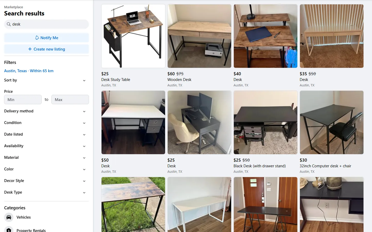 Facebook Marketplace search results page that Facebook Marketplace Scraper turns into rows