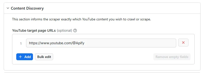 Screenshot: setting target page URLs