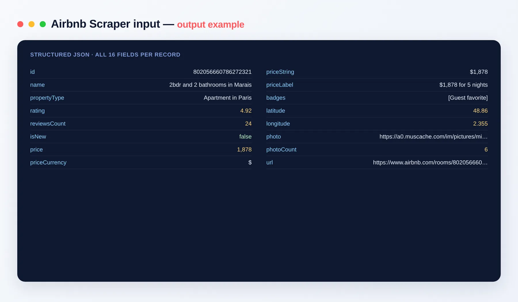 Airbnb Scraper output example — listings with price, rating and coordinates as structured JSON