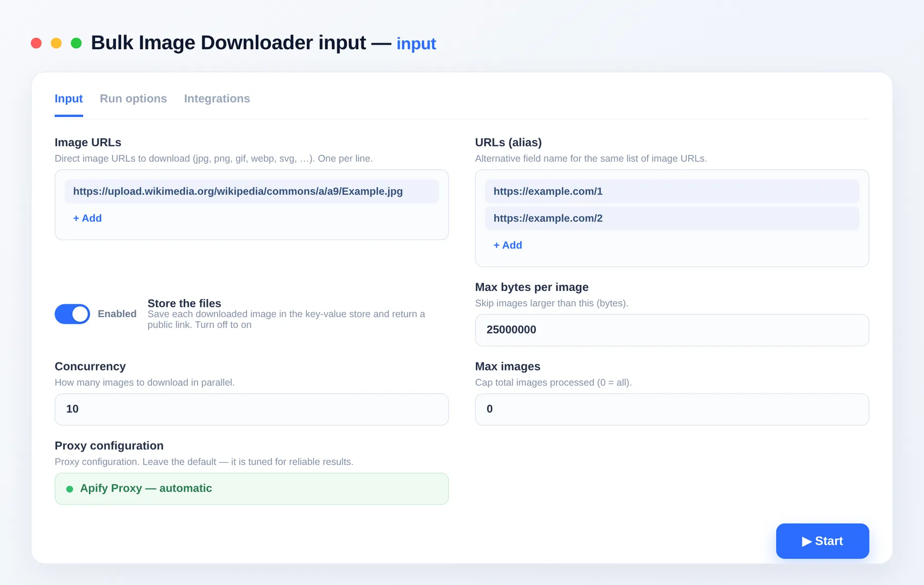 Bulk Image Downloader input — image URL list, store toggle and concurrency in the Apify Console