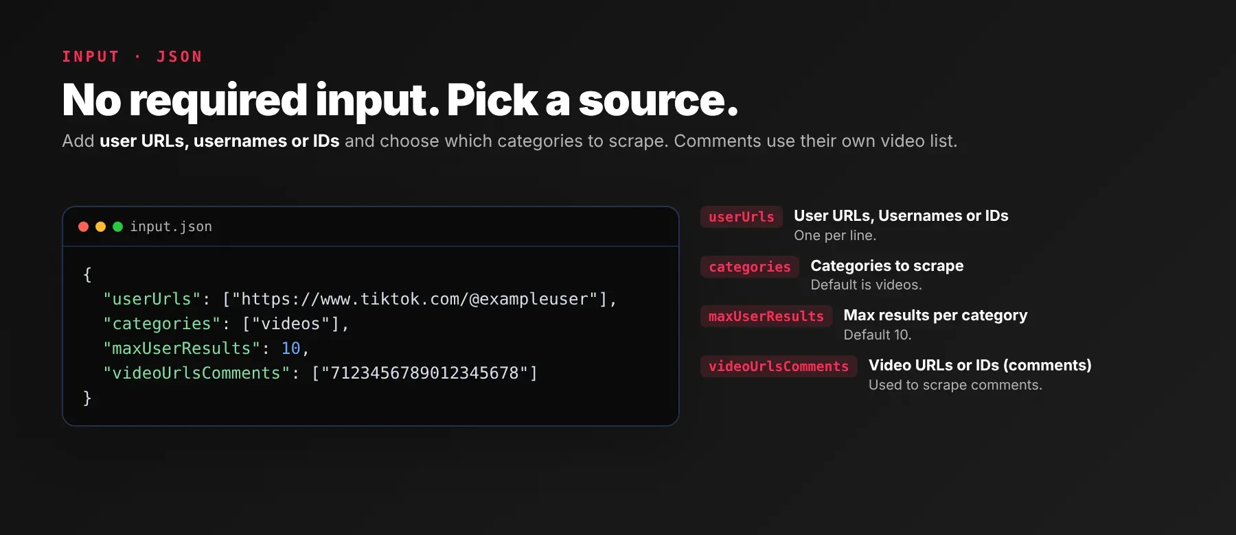 Input fields of the TikTok Data Scraper