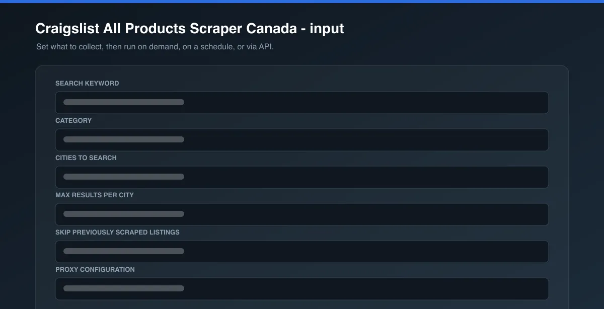 Craigslist All Products Scraper Canada input options