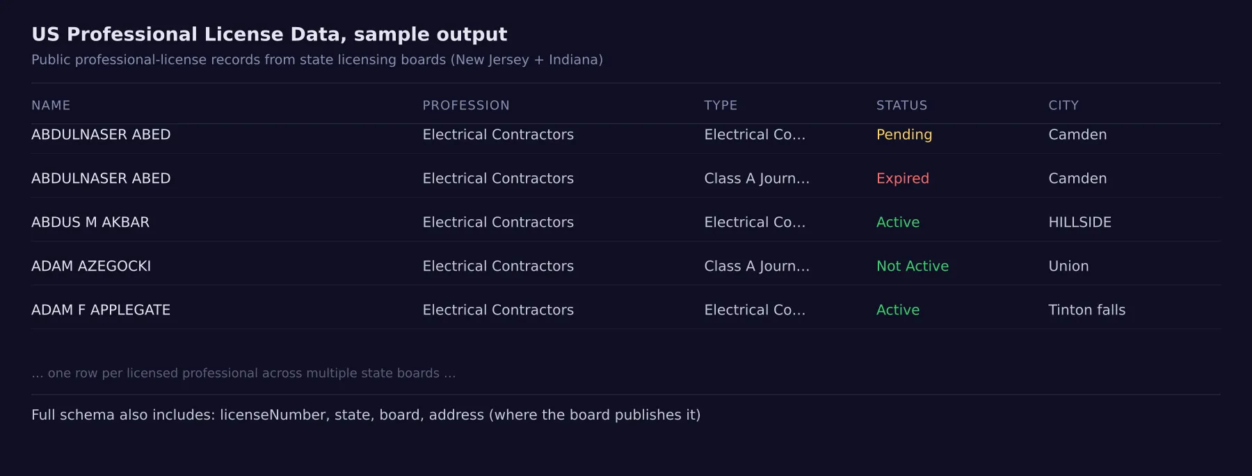 Sample output: real US professional license records
