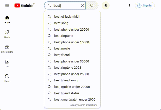 input search keywords generate real-time suggestions from Youtube's Search bar.