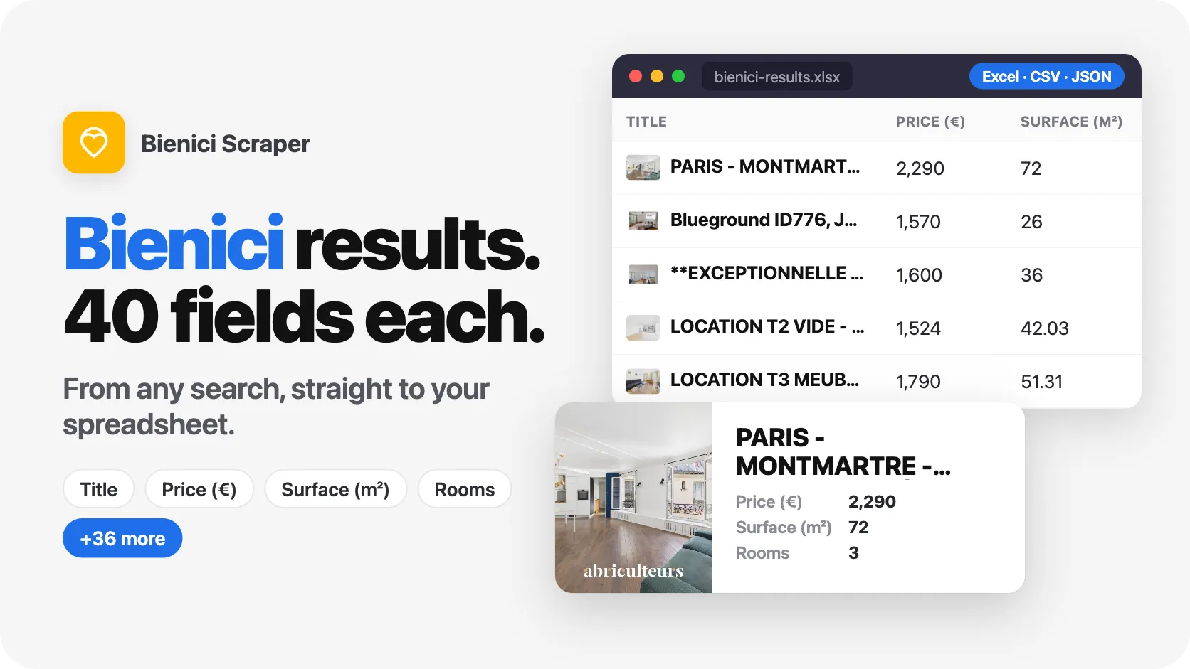 Bienici results, 40 fields each, from any search.