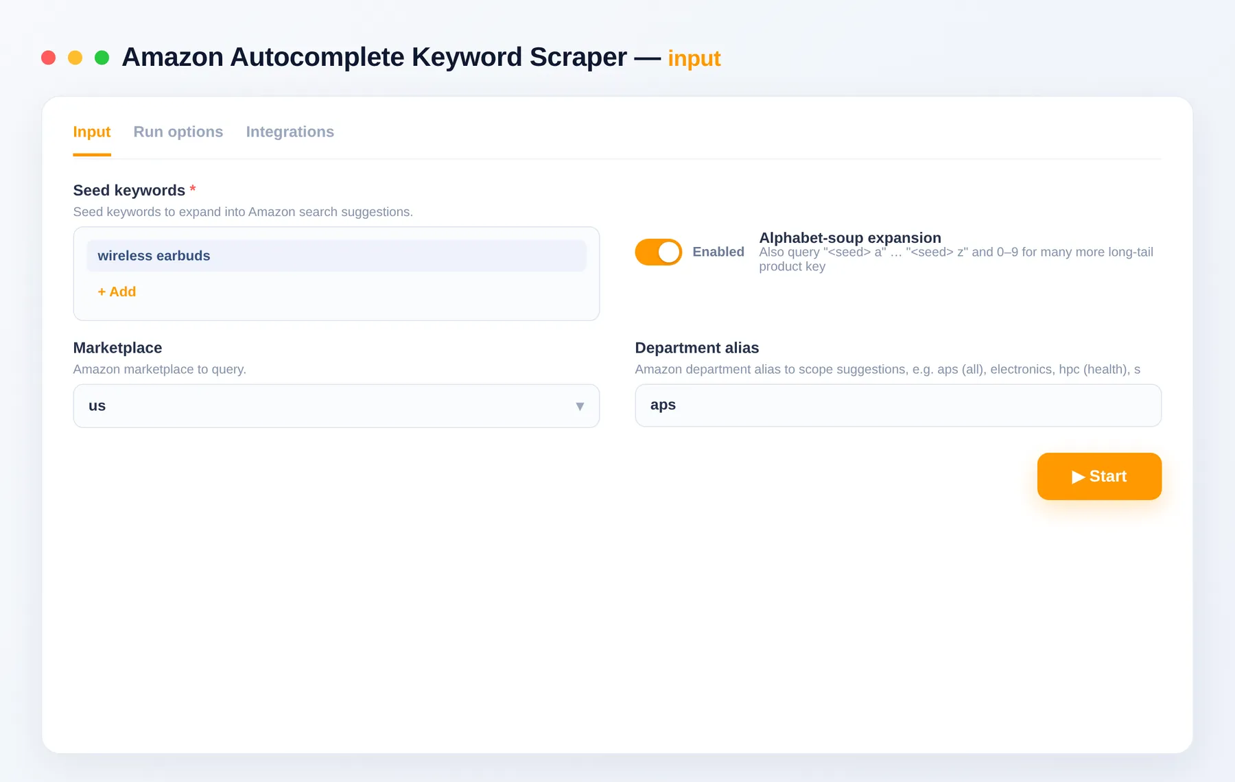 Amazon Autocomplete Scraper input — seed keywords, marketplace and department in the Apify Console