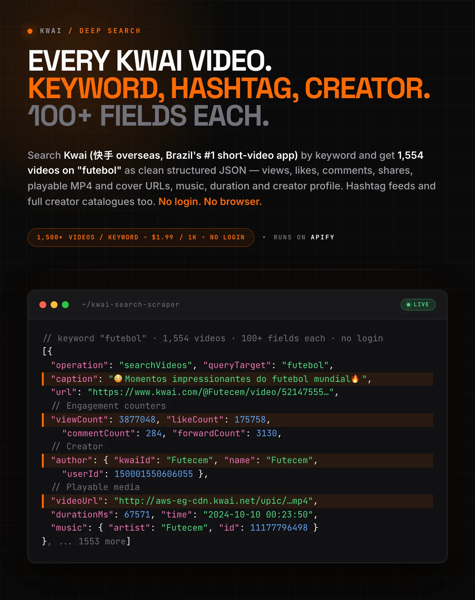 Kwai (Kuaishou) video scraper: search Kwai by keyword, hashtag and creator for views, likes, comments, shares, playable MP4 and cover URLs, music and creator profile as structured JSON