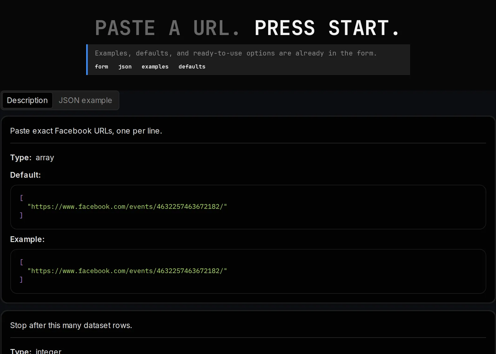 Facebook Event Scraper published input controls