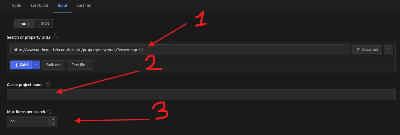 OnTheMarket property scraper input form with the search URL, cache project name and max items fields marked 1, 2 and 3