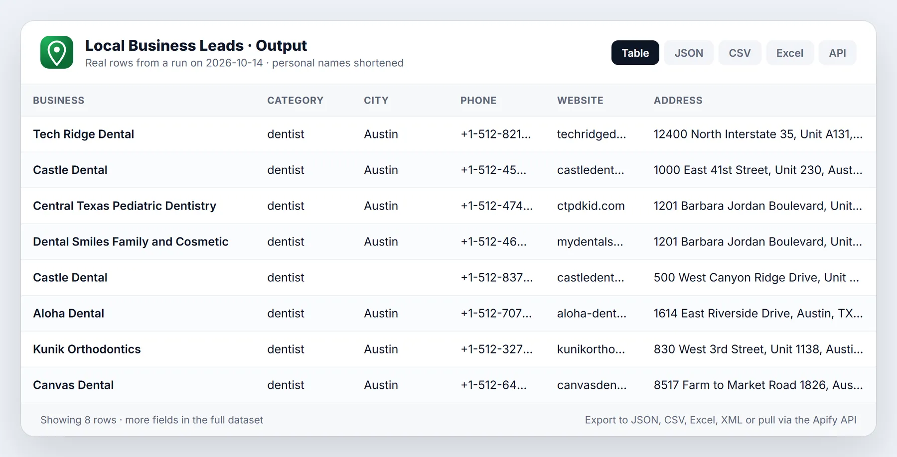 Local Business Leads sample output table from a real run