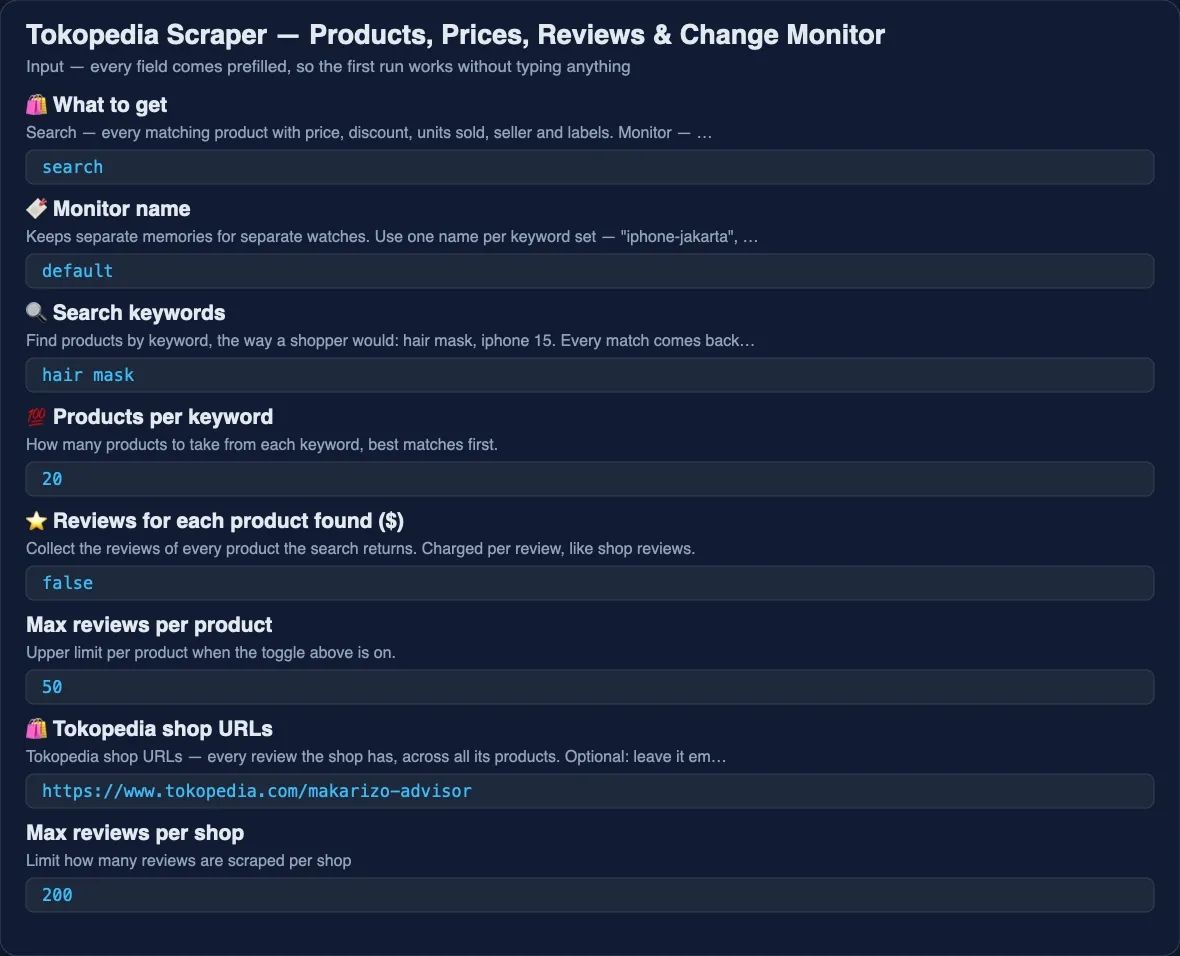 Tokopedia scraper input: search or monitor mode, keywords, review filters