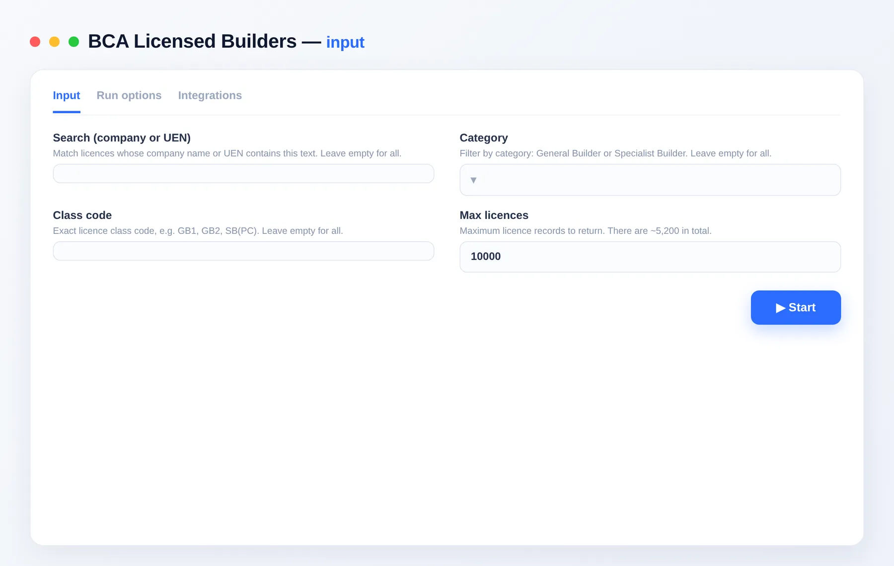 Singapore BCA Licensed Builders Scraper input โ category, class code and keyword filters in the Apify Console