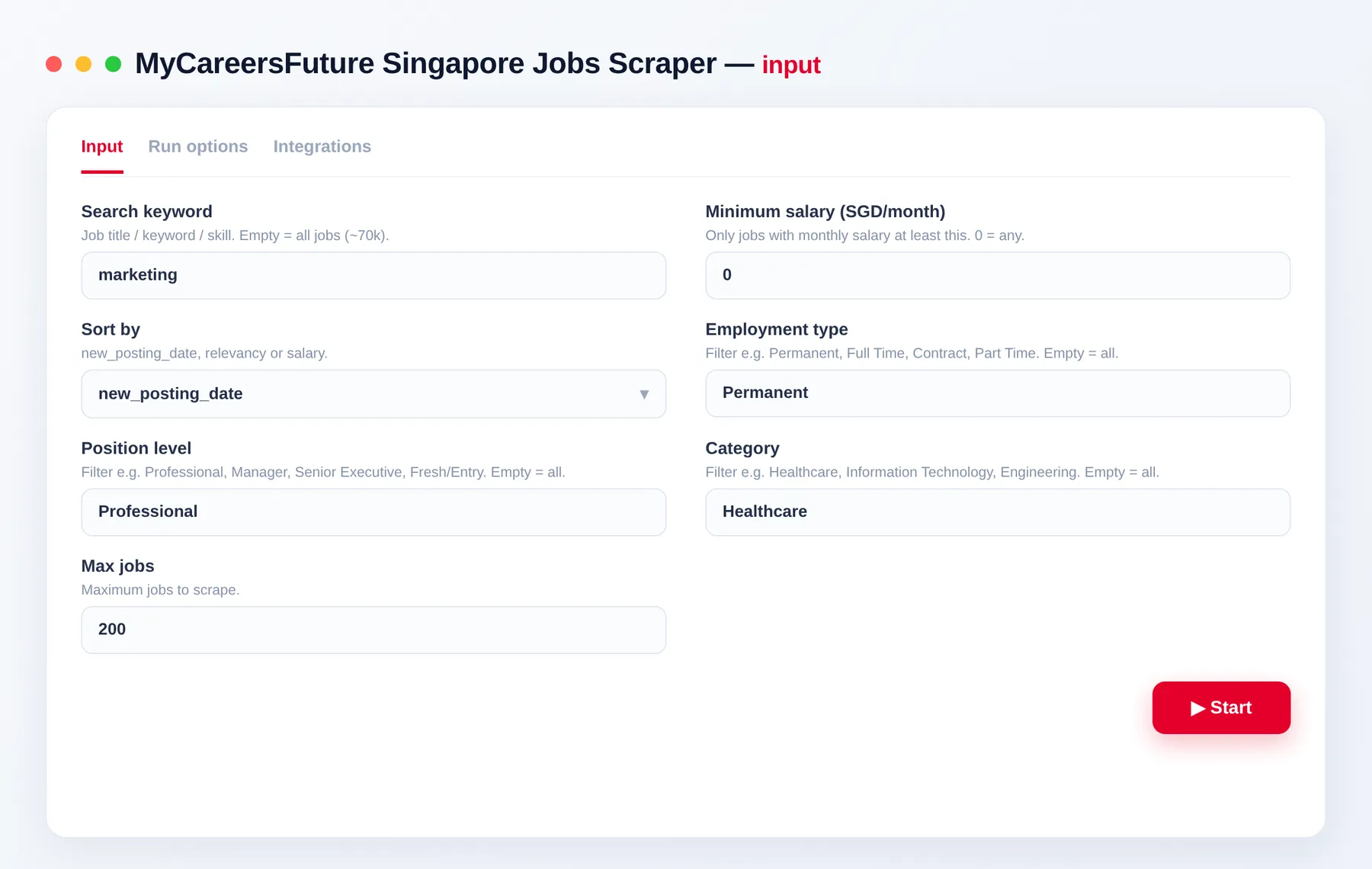 MyCareersFuture Scraper input — search keyword, minimum salary and max jobs in the Apify Console