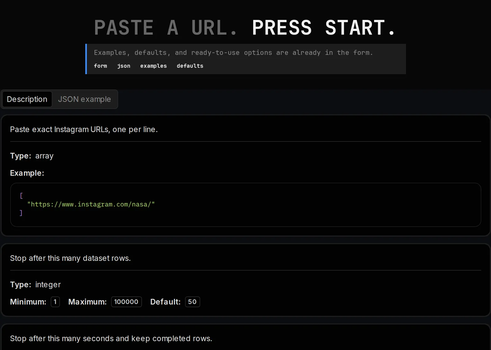 Instagram Mention Scraper source page and returned record
