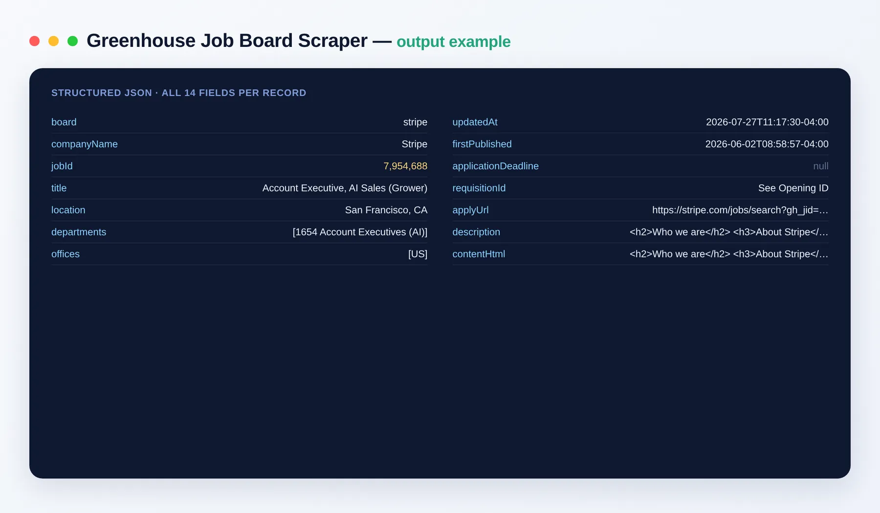Greenhouse Job Board Scraper output example β job title, department and apply link as structured JSON