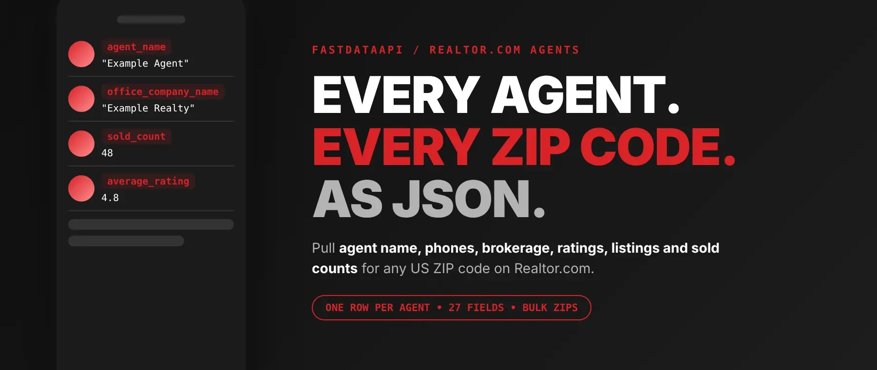 Realtor.com Agents by Zip Code Scraper output: agent name, brokerage and sold count as JSON