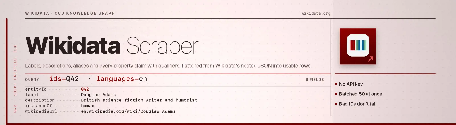 Wikidata Scraper: Labels, descriptions, aliases and every property claim with qualifiers, flattened from Wikidata's nested JSON into usable rows