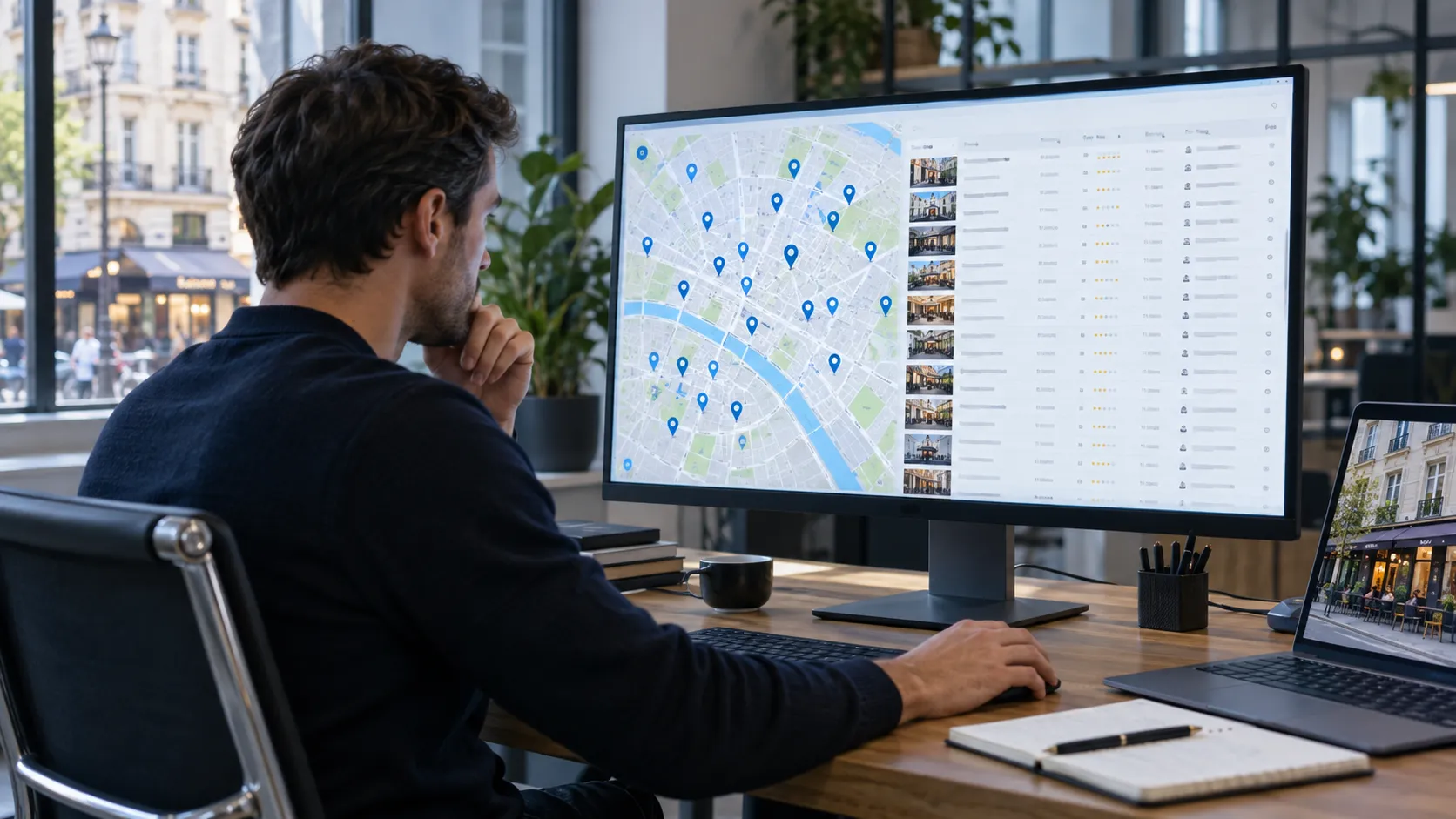 Analyst searching a map and structured business-location dataset