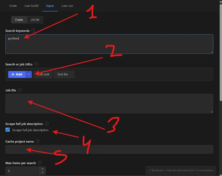 Dice jobs scraper input form with the search keywords, search or job URLs, job IDs, full description and cache project name fields marked 1 to 5