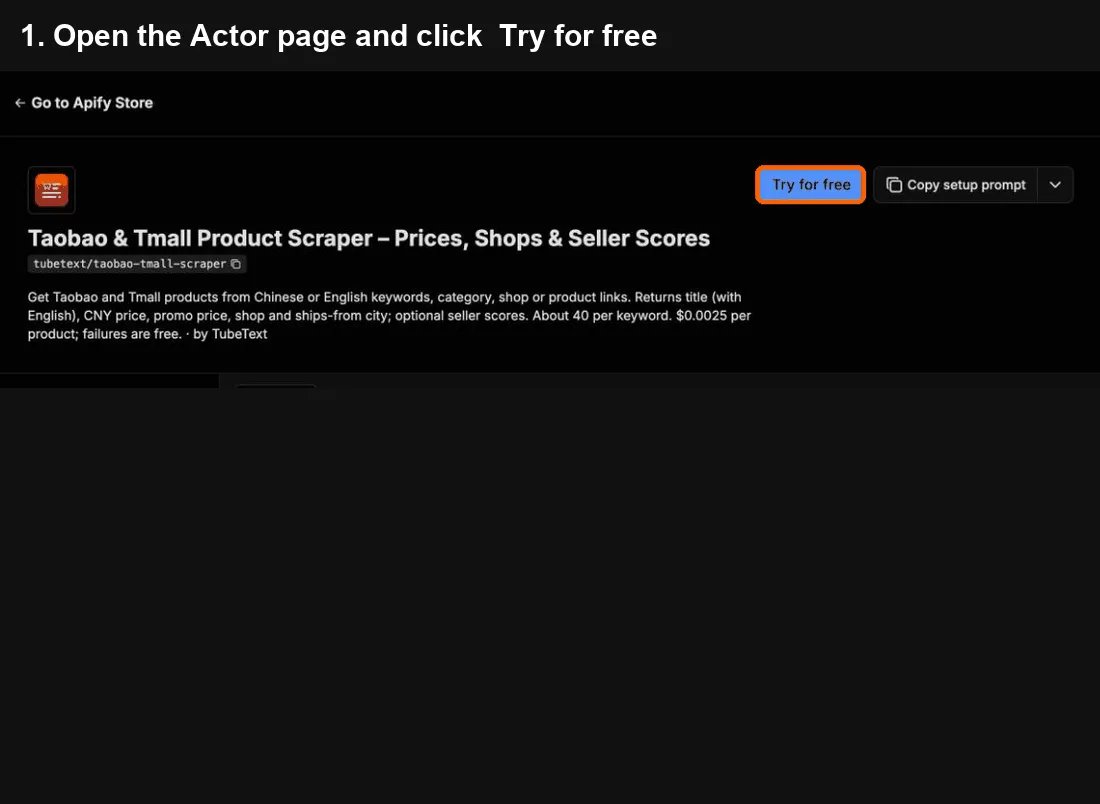 Taobao & Tmall Scraper quick start: click Try for free, paste your input, click Start, export to Excel