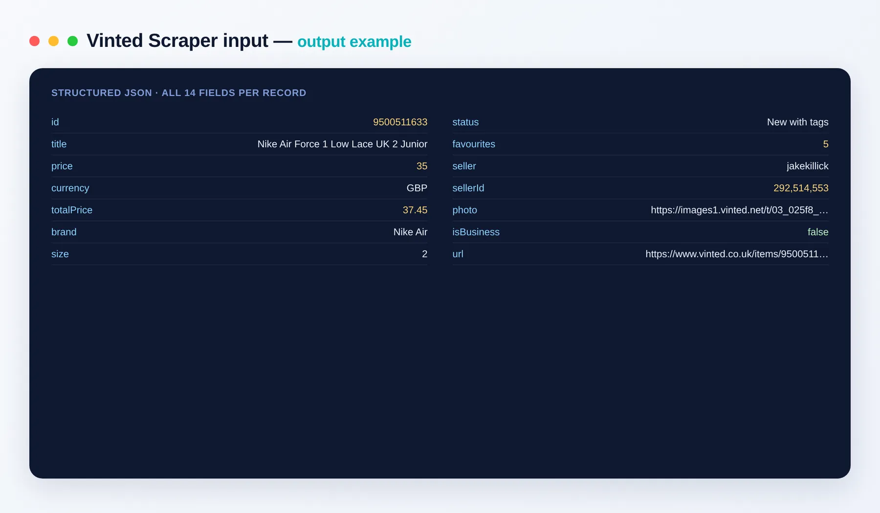 Vinted Scraper output example — item listings with price, brand, size and seller as structured JSON